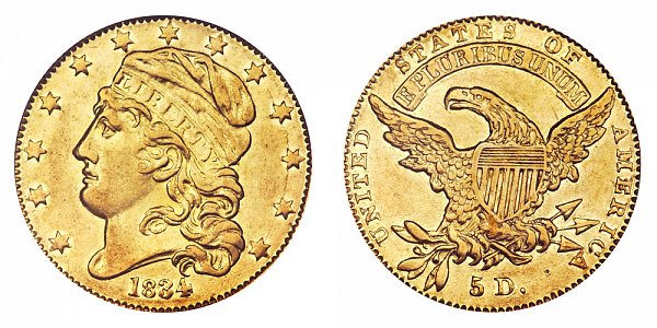 1834 Capped Bust $5 Gold Half Eagle - Crosslet 4 - Five Dollars 