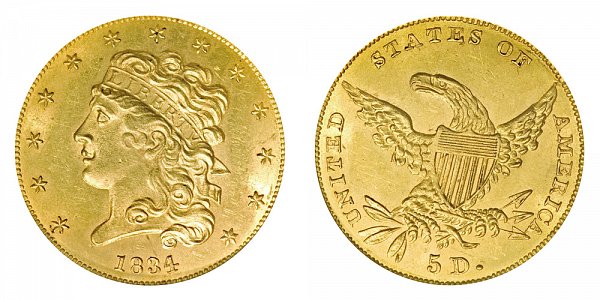 1834 Classic Head $5 Gold Half Eagle - Plain 4 - Five Dollars 