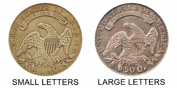 1834 Small Letters vs Large Letters Capped Bust Half Dollar - Difference and Comparison