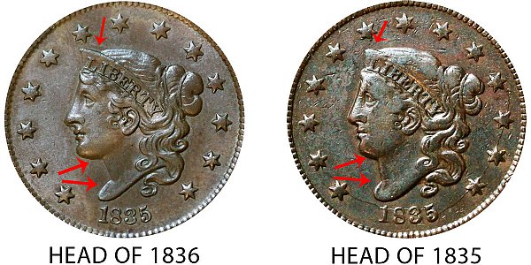 1835 Head of 1836 Coronet Head Large Cent - Difference and Comparison