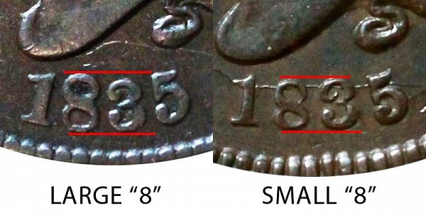 1835 Large "8" vs Small "8" Coronet Head Large Cent - Difference and Comparison