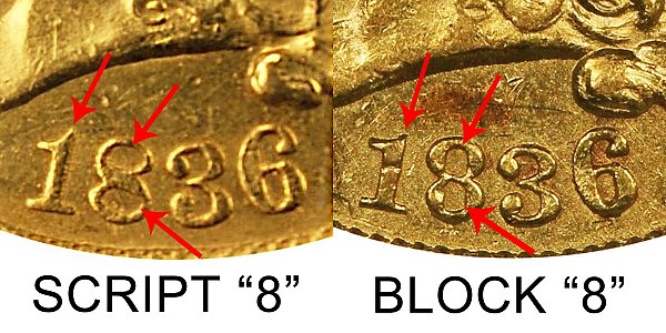 1836 Script 8 vs Block 8 Classic Head $2.50 Gold Quarter Eagle - Difference and Comparison