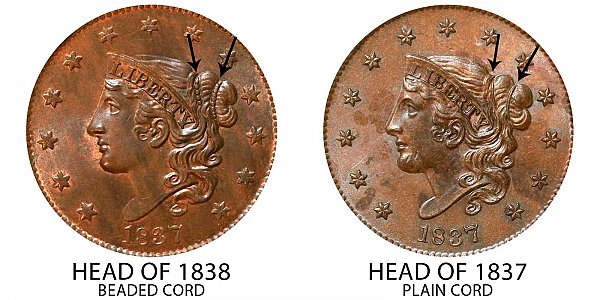 1837 Head of 1838 Coronet Head Large Cent - Plain Cords vs Beaded Cords
