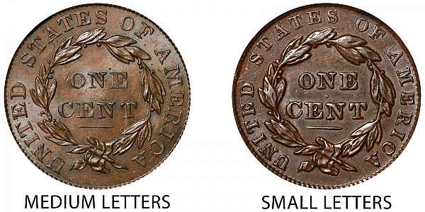 1837 Medium Letters vs Small Letters Coronet Head Large Cent - Difference and Comparison