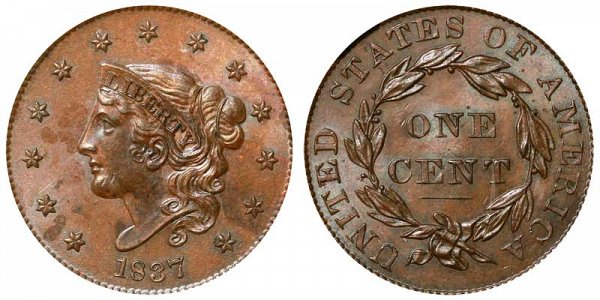 1837 Coronet Head Large Cent Penny - Plain Cord - Medium Letters 