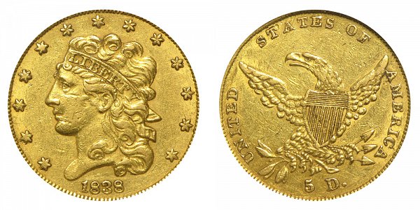 1838 Classic Head $5 Gold Half Eagle 