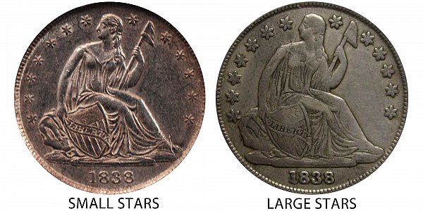 1838 Small Stars vs Large Stars Seated Liberty Dime - Difference and Comparison