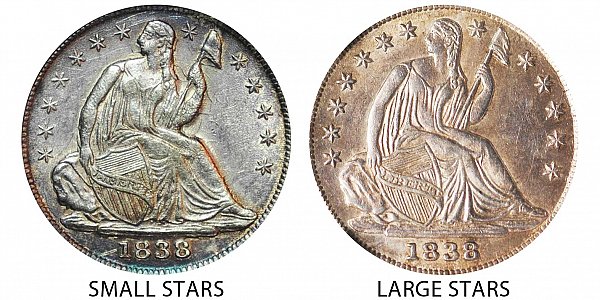 1838 Large Stars vs Small Stars Seated Liberty Half Dime - Difference and Comparison
