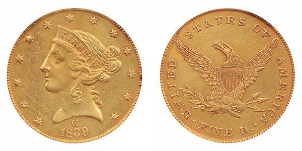 1839 C Liberty Head $5 Gold Half Eagle - Five Dollars 