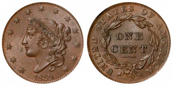 1839 Coronet Head Large Cent Penny - Head Of 1838
