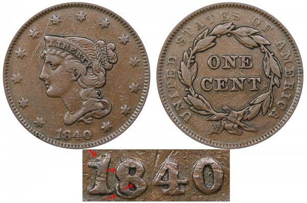 1840/18 Braided Hair Large Cent Penny - Small Date Over Large 18 