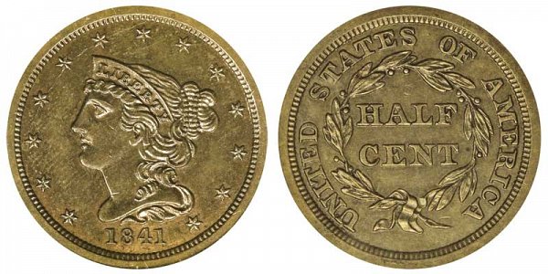 1841 Braided Hair Half Cent Penny - Original 