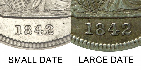 1842 Seated Liberty Quarter - Large Date vs Small Date - Difference and Comparison