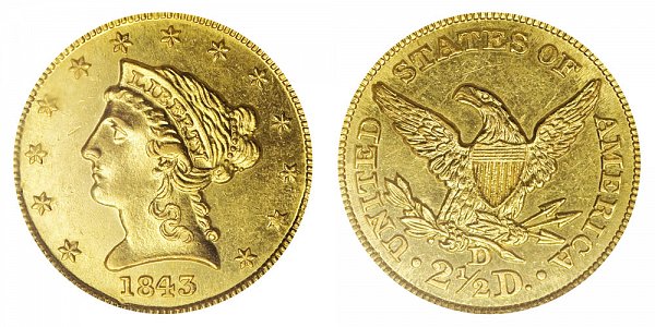 1843 D Liberty Head $2.50 Gold Quarter Eagle - Large D 