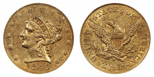 1843 Liberty Head $2.50 Gold Quarter Eagle - 2 1/2 Dollars 