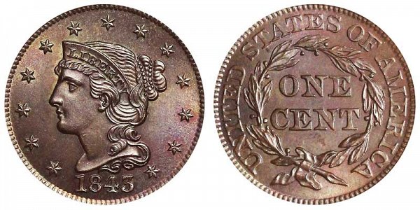 1843 Braided Hair Large Cent Penny - Mature Head Large Letters 