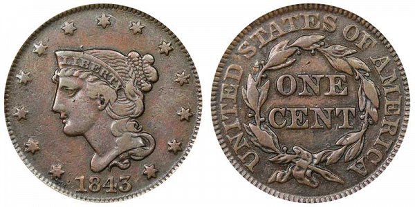 1843 Braided Hair Large Cent Penny - Petite Head Large Letters 