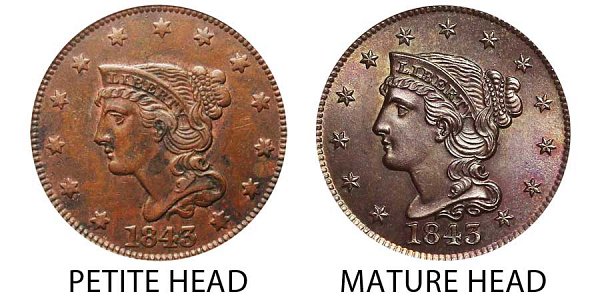 1843 Petite Head vs Mature Head - Braided Hair Large Cent Penny