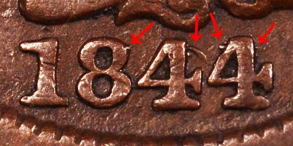1844/81 Braided Hair Large Cent Penny - 44 Over 81 Overdate Error 