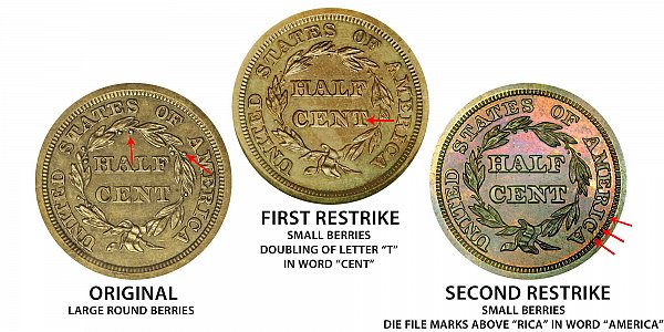 1845 Original vs First Restrike vs Second Restrike Braided Hair Half Cent - Difference and Comparison