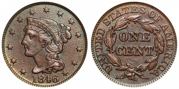 1846 Braided Hair Large Cent Penny - Medium Date 