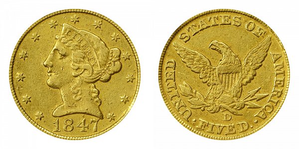1847 D Coronet Head Gold $5 Half Eagle Type 1 - No Motto - Liberty Head ...