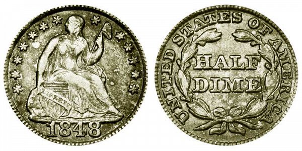 1848 Large Date Seated Liberty Half Dime 
