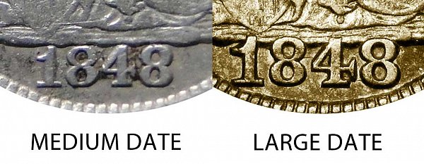 1848 Medium Date vs Large Date Seated Liberty Half Dime - Difference and Comparison