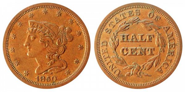 1850 Braided Hair Half Cent Penny