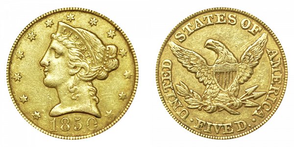 1850 Liberty Head $5 Gold Half Eagle - Five Dollars 