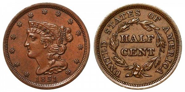 1851 Braided Hair Half Cent Penny 