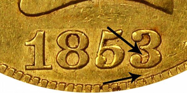 1853/2 Liberty Head Gold Eagle - 3 Over 2 Overdate - Closeup Example Image