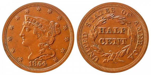 1854 Braided Hair Half Cent Penny 