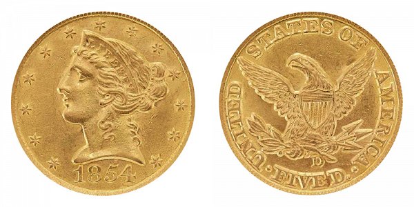 1854 D Liberty Head $5 Gold Half Eagle - Five Dollars 
