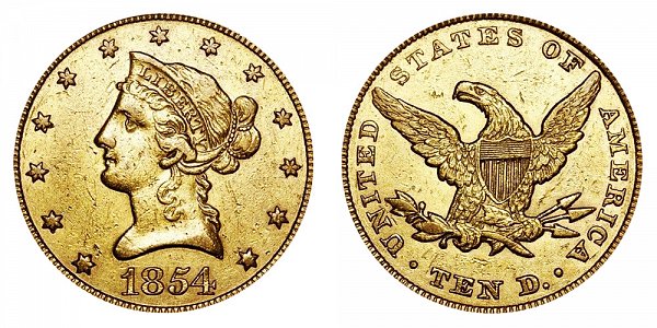 1854 Liberty Head $10 Gold Eagle - Ten Dollars 