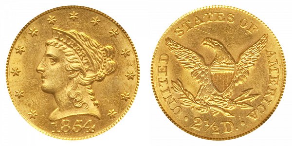 1854 Liberty Head $2.50 Gold Quarter Eagle - 2 1/2 Dollars 
