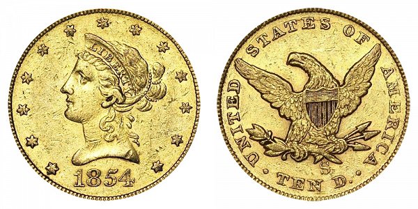 1854 S Liberty Head $10 Gold Eagle - Ten Dollars 