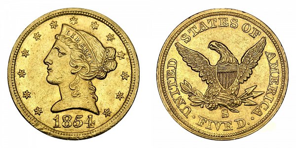 1854 S Liberty Head $5 Gold Half Eagle - Five Dollars 