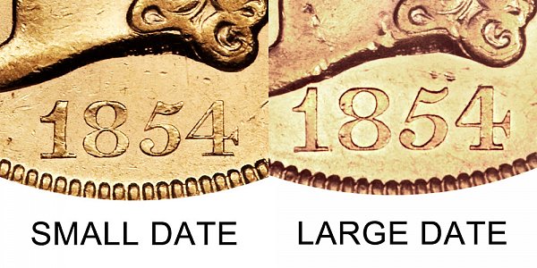 1854 Small Date vs Large Date - $20 Liberty Head Gold Double Eagle - Difference and Comparison