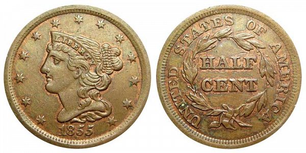 1855 Braided Hair Half Cent Penny 