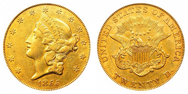 1855 Liberty Head $20 Gold Double Eagle - Twenty Dollars