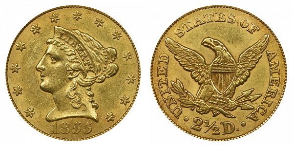 1855 Liberty Head $2.50 Gold Quarter Eagle - 2 1/2 Dollars 