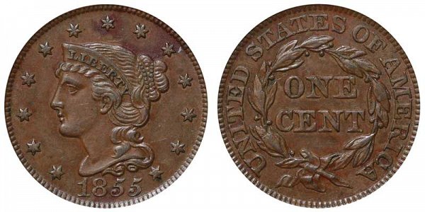 1855 Braided Hair Large Cent Penny - Slanted 5's 