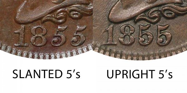1855 Slanted 5s vs Upright 5s Braided Hair Large Cent - Difference and Comparison