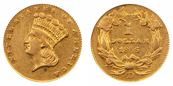 1856 D Large Indian Princess Head Gold Dollar G$1 