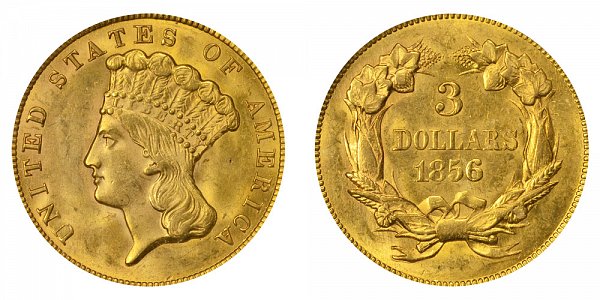 1856 Indian Princess Head Gold $3 Three Dollar Piece - Early Gold Coins ...