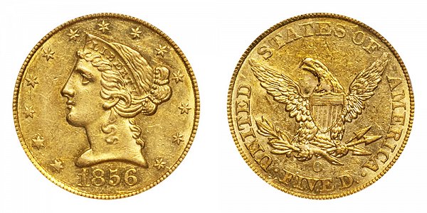 1856 O Liberty Head $5 Gold Half Eagle - Five Dollars 