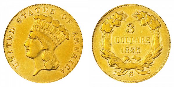 1856 S Indian Princess Head Gold $3 Three Dollar Piece - Early Gold ...