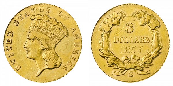 1857 S Indian Princess Head Gold $3 Three Dollar Piece - Early Gold ...