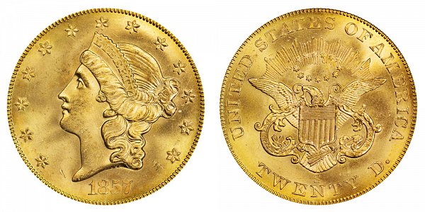1857 S Liberty Head $20 Gold Double Eagle - Twenty Dollars